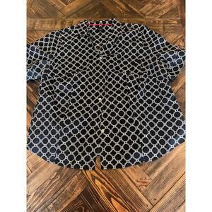 Talbots Woman Top Blouse 22W Plus Black White Short Sleeve Non Iron Geometric